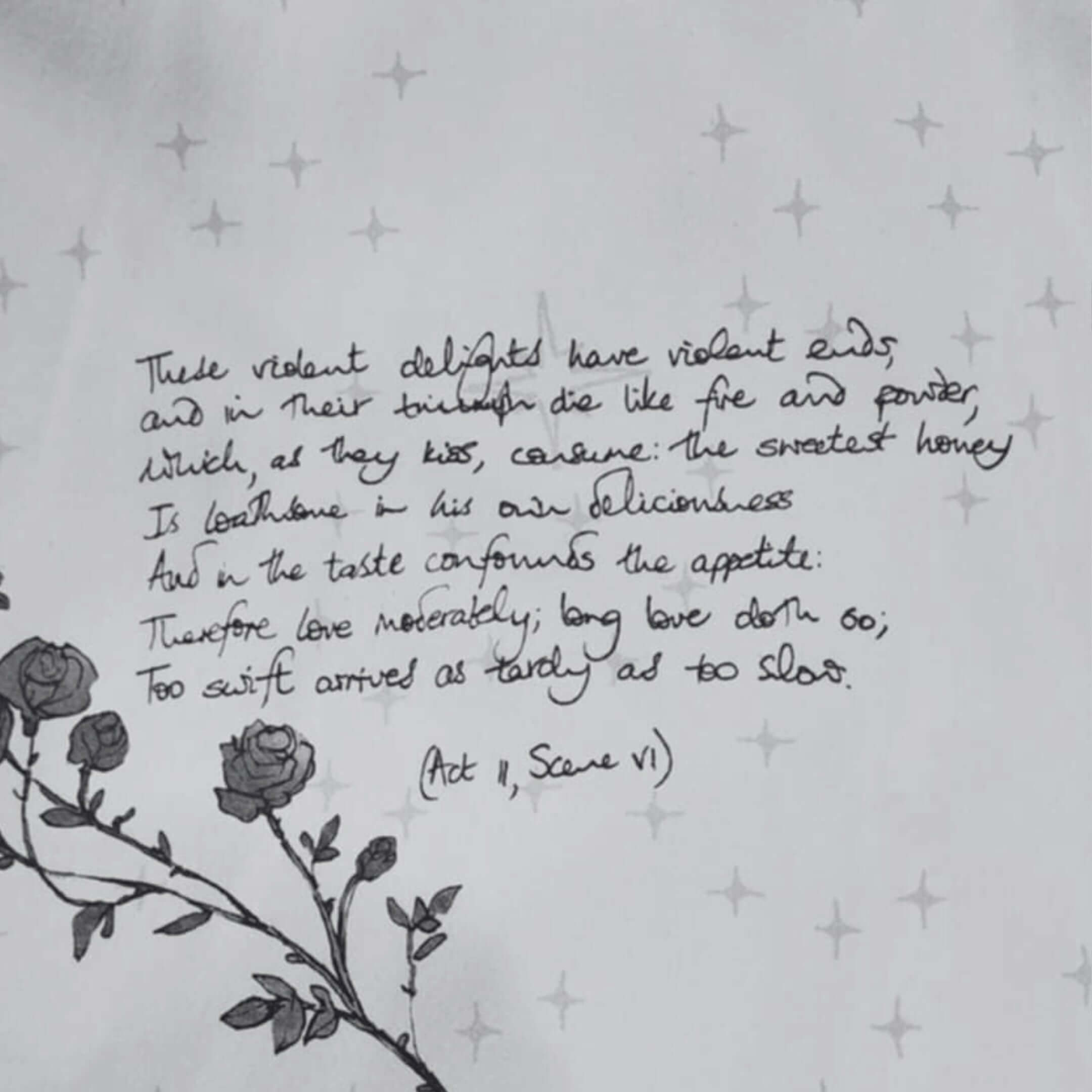 Close-up detail of the hand-scripted Shakespeare quote from Romeo and Juliet, as seen on the art print of The Balcony Robe.